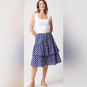 J. Crew NWT Navy Floral Tiered A-Line Skirt Riverbed Blue White Sz M Midi Ruffle